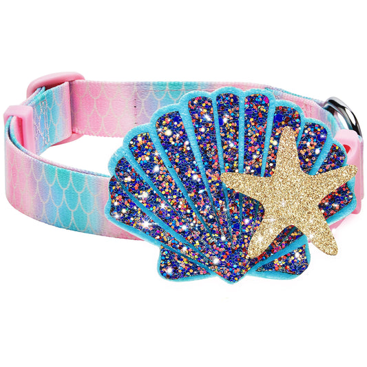 Blueberry Pet Summer Sparkle Dog Collar, Adjustable Small Size, Neck 12"-16", Pink and Blue, Ocean Mermaid Scales Print Nautical Pet Collar with Detachable Seashells Accessory